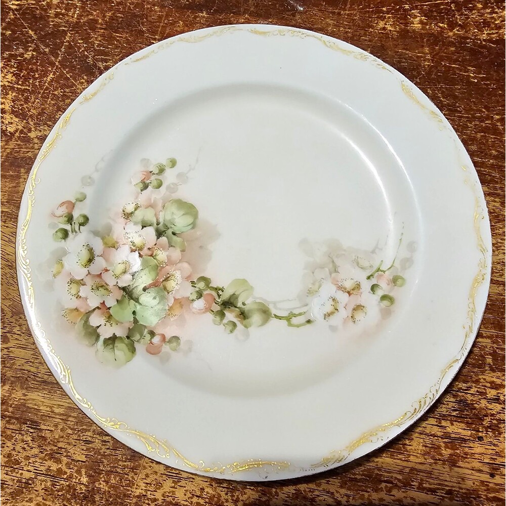 T&V France Floral Porcelain Plate 8" Round White Pink Green Printed France